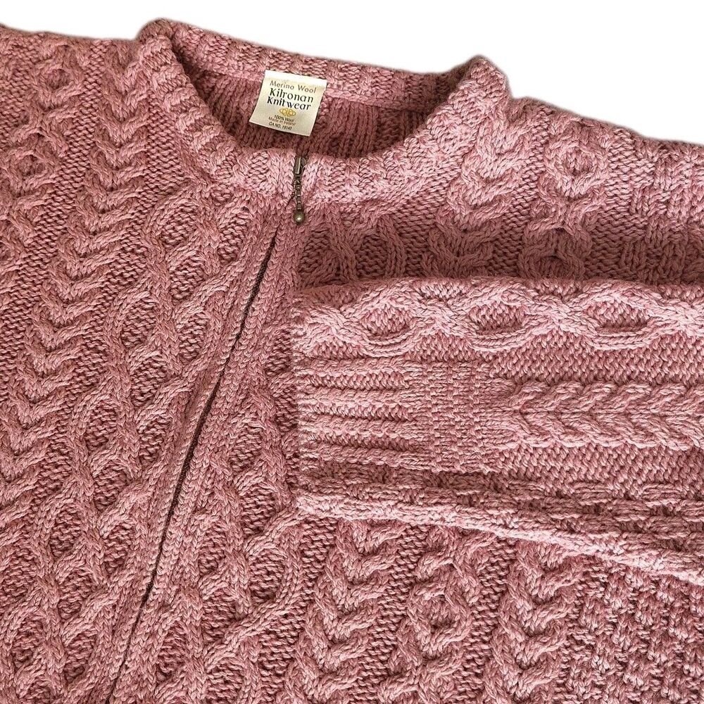 Kilronan Knitwear XL Mauve Merino Wool Cable Knit Full Zip Ireland Aran VTG